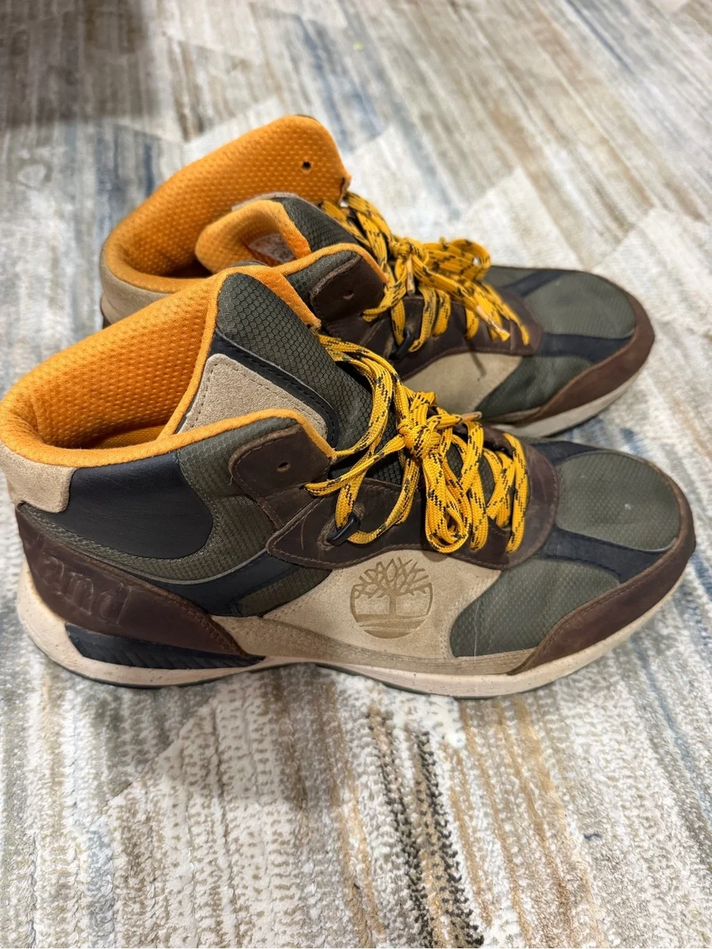 Timberland Olive Green and Brown Hiking Boots with Yellow Laces